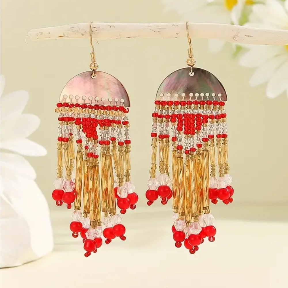 Red Boho-Chic Handcrafted Beaded Dangle Earrings